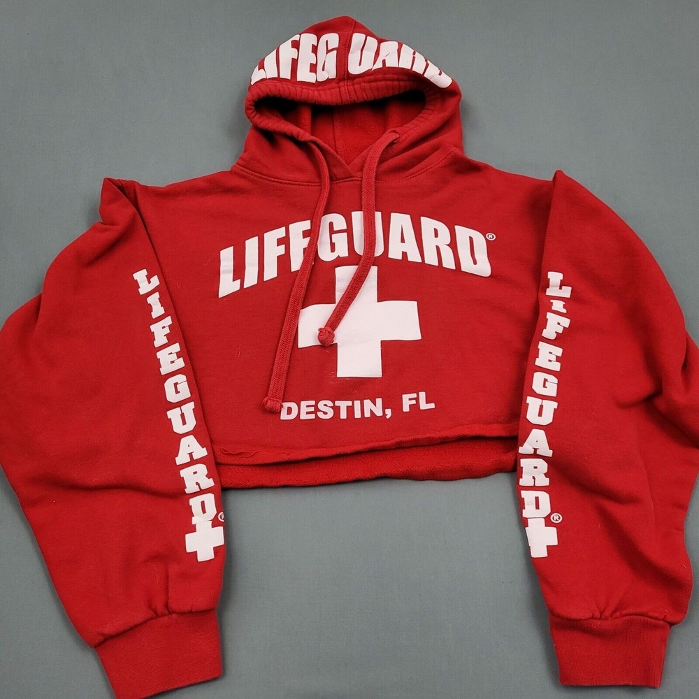 Lifeguard Destin FL Red Cropped Graphic Hoodie Sweatshirt Womens Medium